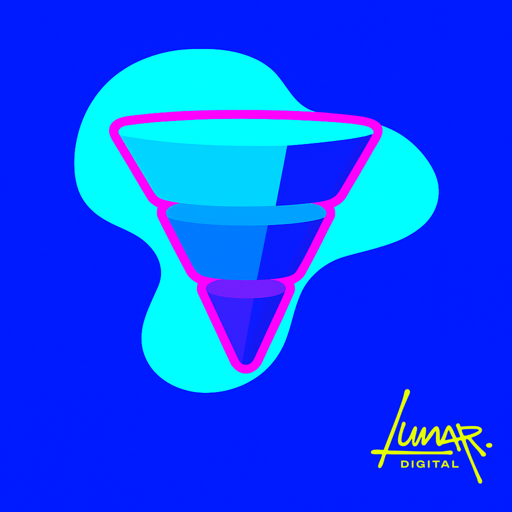 A graphic depicting a marketing funnel in the brand colours of Lunar Digital.