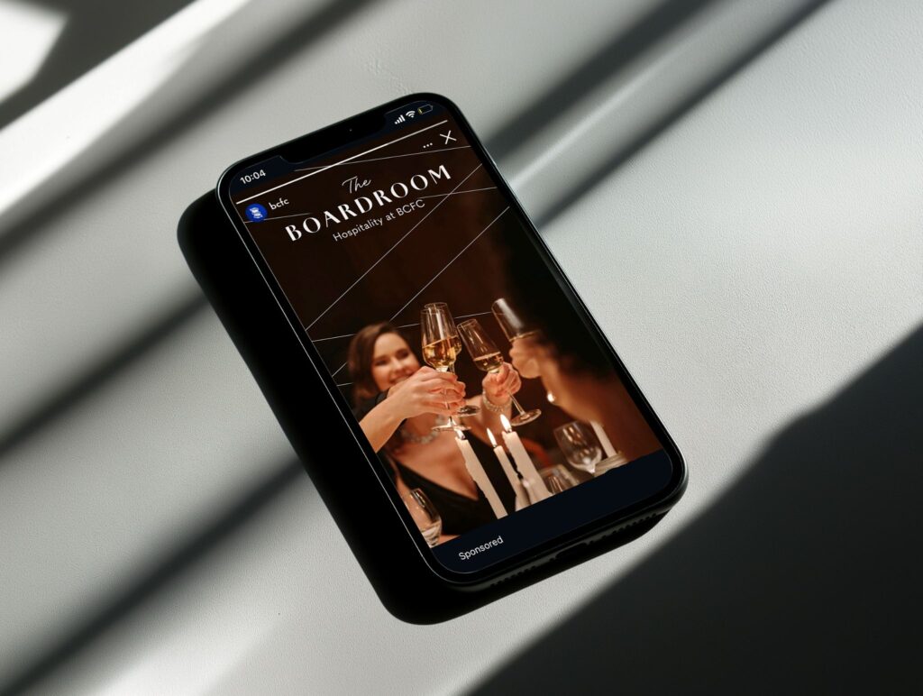 Creative on smart phone mock-up for Birmingham City Football Club Paid Social Campaign